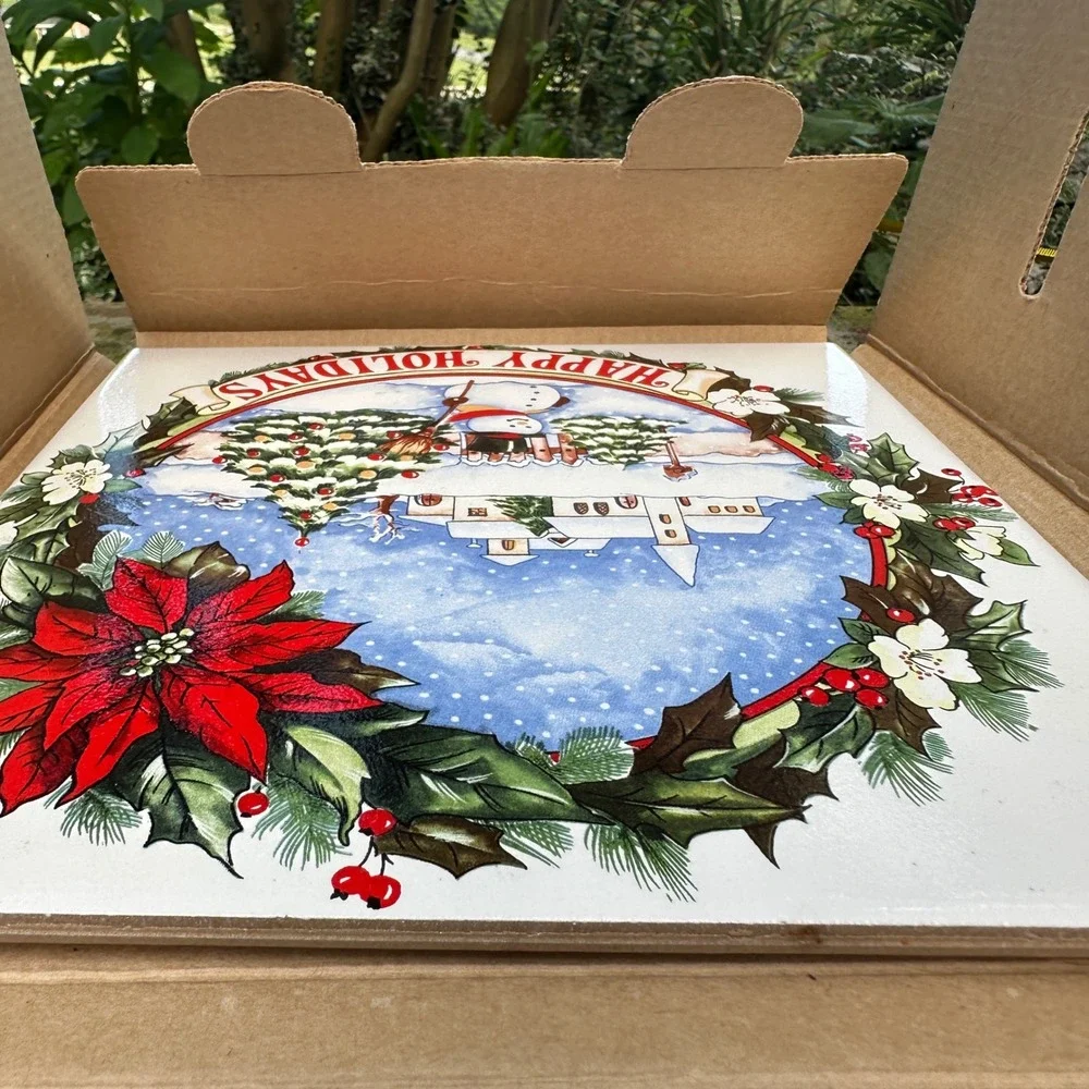 Christmas Tile Trivet Snowy Village Poinsettia Ceramic Cork Back Farmhouse Decor